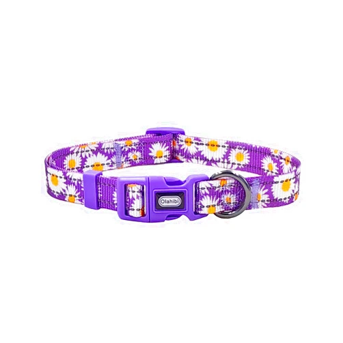 Olahibi Floral Pattern Dog Collar, Pretty Daisy Print, Durable Nylon with Reflective Stripes, Adjustable Length, for Medium Dogs.(Medium, Purple Daisy)