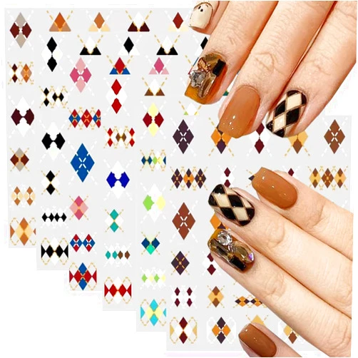 BSBTBZ 6PCS Autumn Winter Nail Art Stickers - Nail Art Supplies Caramel Color Plaid Pattern 3D Self Adhesive Rhombus Plaid Nail Decals Exquisite Fashion Design Decal for Sliders Transfer foil Nails Accessori
