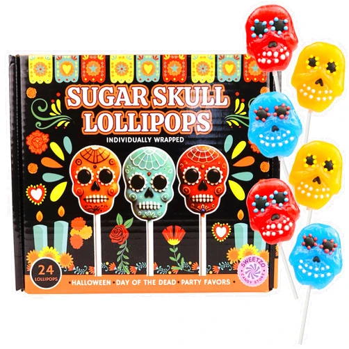 Sweetzo Halloween Sugar Skull Candy Lollipops, Individually Wrapped Day of the Dead Suckers, Strawberry, Orange and Blueberry Flavored (24 Pieces)