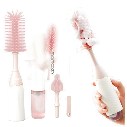 Momcozy Bottle Brush Kit, Innovative Push-Press Design for Better Cleaning - Baby Bottle Cleaner Brush for Baby Bottle, Breast Pumps, Nipples, and More - Can Generate Foam for Better Cleaning, Pink