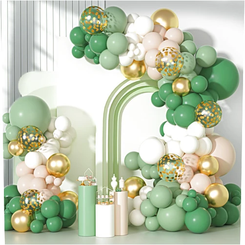 Ouddy Party Sage Green Balloons Arch Garland Kit, Different Sizes 18 12 10 5 inch Sage Green Gold Sand White Olive Latex Metallic Confetti Balloon for Baby Shower Safari Birthday Party Decorations