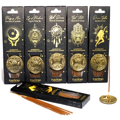 Song of India Esoteric Incense Varity Pack of 6. Each Pack Includes a Metal 3 Moon Burner & 25g of Incense in Each Pack., Black