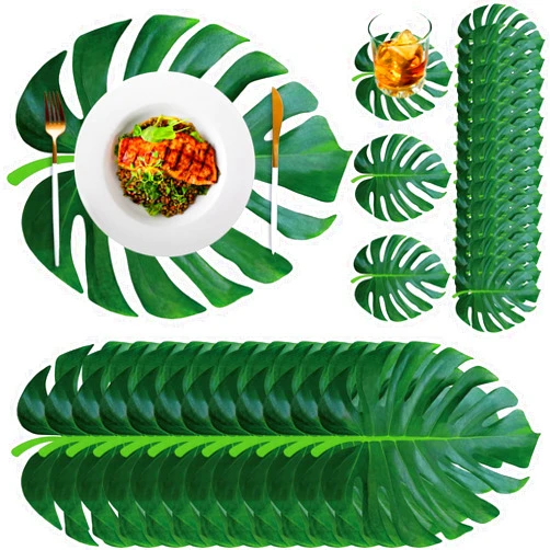 Geosar 200 Disposable Paper Placemats and Coasters Set Summer Hawaiian Luau Placemat with Coasters Outdoor Indoor for Greenery Jungle Dining Table Decoration Shower Birthday(Palm Leaf)