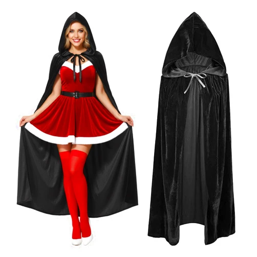 ShellKingdom Unisex Black Cloak with Hood, Velvet Halloween Cloak, Halloween Witch Cosplay Costume for Women Men Girls Boys