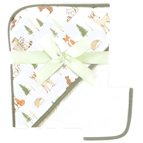 Hudson Baby Unisex Baby Cotton Hooded Towel and Washcloth, Forest Animals, One Size