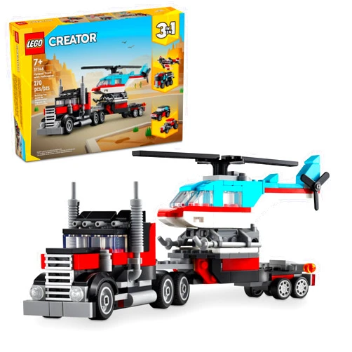 LEGO Creator 3 in 1 Flatbed Truck with Helicopter Toy, Transforms from Flatbed Truck Toy to Propeller Plane to Hot Rod and SUV Car Toys, Gift Idea for Boys and Girls Ages 7 Years Old and Up, 31146