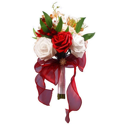 LEIFENY Wedding Bouquets for Bride, Burgundy & White Bridal Bridesmaid Flower with Silk Ribbon, Artificial Toss Rose for Civil Ceremony