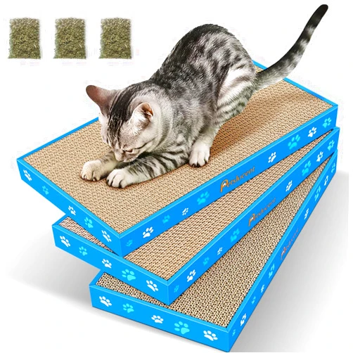 Petslucent Cat Scratching Board, Corrugate Cat Scratcher for Indoor Cats with Box, Cat Scratch Pad with Catnip, Cardboard Cat Scratcher Double-Sided Usability (3PCS)