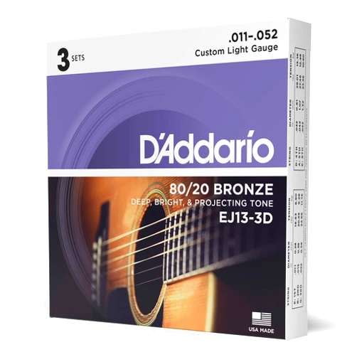 D'Addario Guitar Strings - Acoustic Guitar Strings - 80/20 Bronze - For 6 String Guitar - Deep, Bright, Projecting Tone - EJ13-3D - Custom Light, 11-52 - 3-Pack