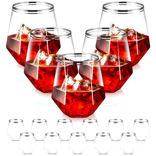 Suclain 60 Pcs Double Rimmed Plastic Diamond Stemless Wine Glasses Clear Disposable Whiskey Glasses 12oz Unbreakable Wedding Cups for Juice Cocktail Champagne Birthday Party(Silver Rim)