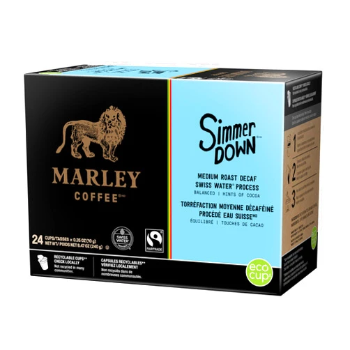 Marley Coffee Simmer Down Decaf, Swiss Water Process, Medium Roast Coffee, Keurig K-Cup Brewer Compatible Pods, 24 Count