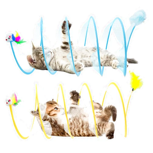 FOWSRHRG 2 Packs Cats Tunnel Toys, Folded Cats Tunnels for Indoor Cats Tubes Played Tunnel Spring, Collapsible Pet Bed, Interactive Toy with Toys Feather Mouse for Kitten Yellow, Blue