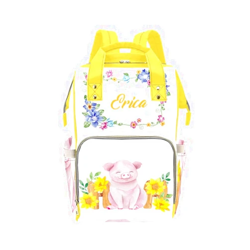 NZOOHY Cute Pig and Flowers Personalized Name Diaper Bag Tote, Custom Waterproof Nursing Baby Bag Mummy Backpack for Mom Travel Outdoor