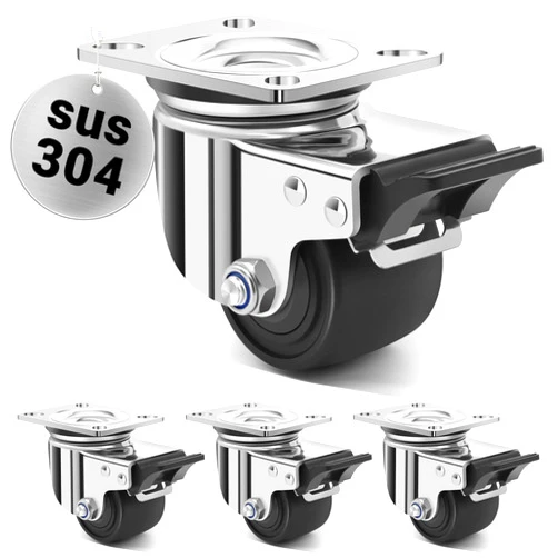Nefish 2.5 Inch Heavy Duty Stainless Steel Low Gravity Casters, SUS 304 Industrial Grade Stainless Steel Caster Wheels with Brakes, Durable Castors Set of 4 with Nylon Wheels for Industrial, Equipment