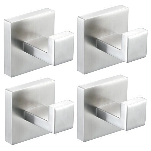 Taucent 4 Pack Towel Hooks Brushed Nickel Hand Towel Holder for Bathroom Wall Bedroom Kitchen Heavy Duty Stainless Steel Hook Hanger for Robe, Bath Towel, Coat Wall Mounted Hook (Square Base)