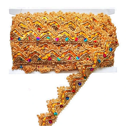 Gnognauq 9.8 Yard Shiny Beaded Lace Trim Sequins Ribbon Vintage Decorative Wedding DIY Craft Sewing Fabric (Gold)