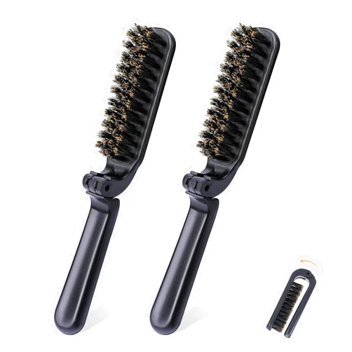 Hautllaif 2Pcs Travel Hair Brush, Mini Folding Hair Brush Collapsable Boar Bristles Hair Comb Pocket Beard Brush Portable Hair Styling Tool for Women and Men