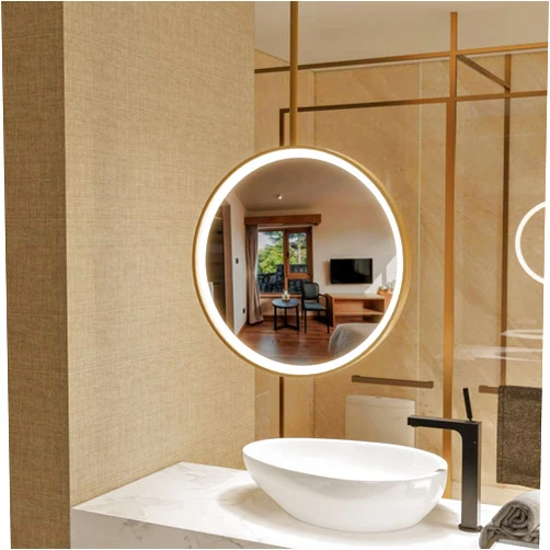 Habsi Hanging Rod Round Bathroom Mirror Ceiling Hanging Mirror Illumination Led Mirror Hotel Bathroom Mirror with Led Lights （Golden Frame） (Size : Ø80cm+Boom 60cm)