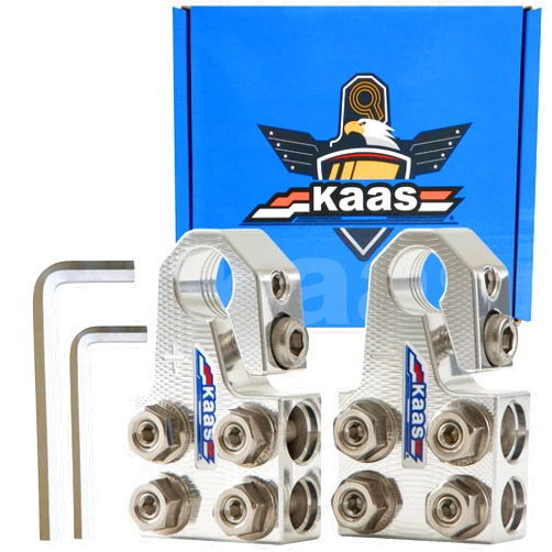 Kaas 8-Way Lead Acid Battery Terminal Connector, Metallic Silver, Positive and Negative Set, Heavy Duty Battery Terminals, for SAE/DIN/EN Tapered Top Post, Compatible with 8AWG to 4/0 AWG