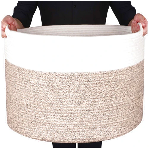 MINTWOOD Design Extra Large 22 x 14in Decorative Blanket Basket for Living Room, Laundry Basket, Woven Cotton Rope Basket, Dog Toy Storage Bin Baskets, Round Basket for Pillows Towels, Light Brown