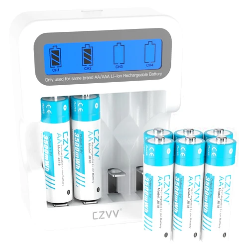 Czvv AA Rechargeable 1.5V Batteries with White LCD Fast-Charger (Pack of 8)