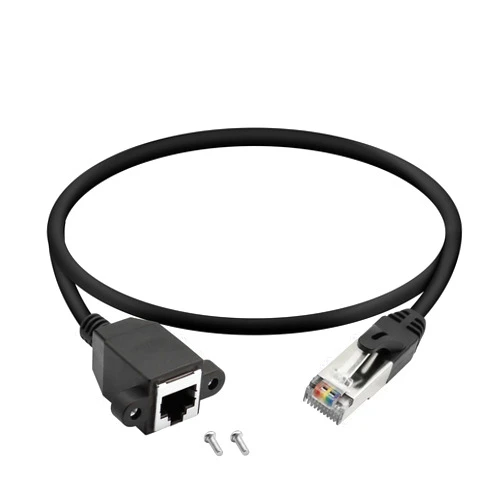 QIANRENON RJ50 10P10C Male to Female Extension Cable Panel Screw Mount Shielded Cat 5E 26AWG for Motorola Radio Barcode Scanning Laser Printing Industrial Equipment etc., 1.97Ft (0.6m)