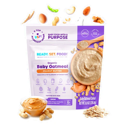 Ready, Set, Food! Ready Set Food Organic Baby Oatmeal Cereal – Safe & Easy Early Allergen Exposure for Babies 6+ Months, Organic Baby Food with 9 Top Allergens: Organic Peanuts, Milk, Eggs, Cashews & More (15 Servings)