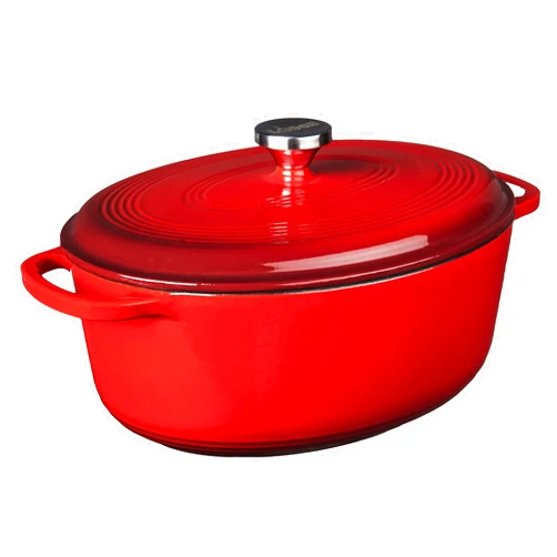 Lodge 7 Quart Enameled Cast Iron Oval Dutch Oven with Lid – Dual Handles – Oven Safe up to 500° F or on Stovetop - Use to Marinate, Cook, Bake, Refrigerate and Serve – Red