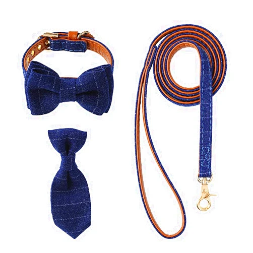 Icicecream cat Bowtie & tie Collar with Leash (4 pcs) Adjustable Cute Dog Detachable Collar with Bell for Puppy Cats (Navy Blue, Medium)