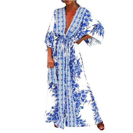 Generic Ladies' V Neck Short Sleeve Lace Up Printed Large Skirt Dress Summer Dresses for Work Blue
