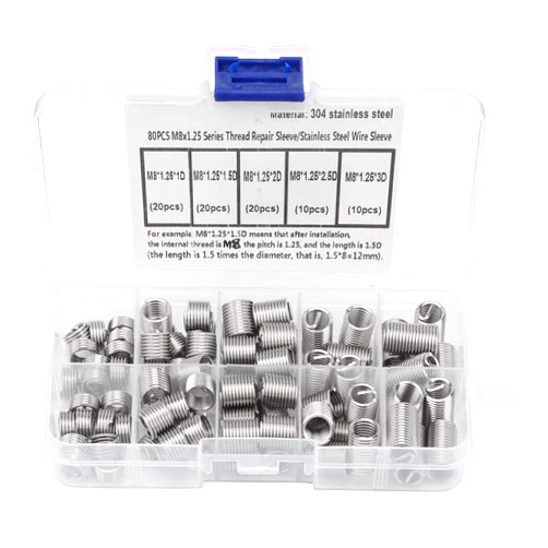 Hilitand 80Pcs M8x1.25 Threaded Inserts Stainless Steel Spiral Helical Thread Insertion Kit