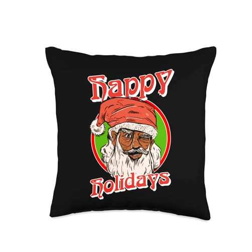 Black Afro Santa Melanin Black Santas Matter Xmas Happy Holidays Black African American Santa Ugly Christmas Throw Pillow, 16x16, Multicolor
