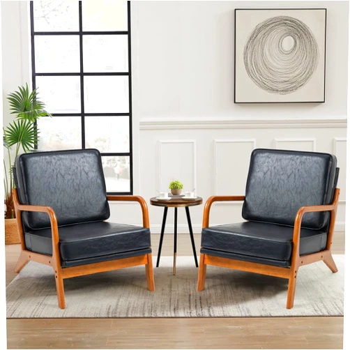 WQSLHX Mid-Century Modern Accent Chairs Set of 2, PU Leather Reading Arm Chair with Wooden Frame, Upholstered Lounge Chair for Living Room, Bedroom (Black)