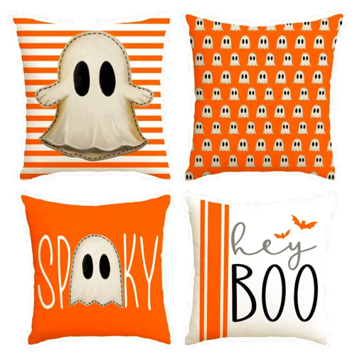 AVOIN colorlife Halloween Hey Boo Cute Ghost Spooky Throw Pillow Covers, 18 x 18 Inch Orange Horror Scary Cushion Case for Sofa Couch Set of 4