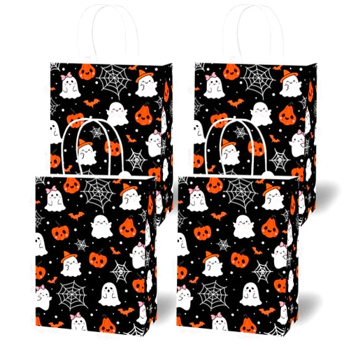 Lecheme Halloween Treat Bags 24 PCS Pumpkin Ghost Halloween Candy Bags Cute Halloween Bags with Handles Halloween Paper Treat Bags for Candy Trick or Treat Party Supplies