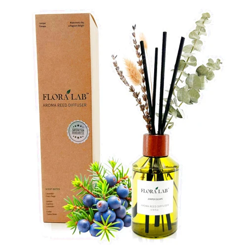 Flora Lab Reed Diffuser Set with Sticks and Real Dried Flowers, 6.7oz (200ml) Lavender & Juniper, Long-Lasting Fragrance, Natural Design, Perfect for Home & Bathroom, Shelf Decor, Ideal Gift
