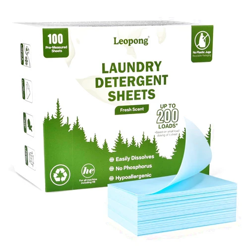 Leopong Laundry Detergent Sheets Hypoallergenic 100 Eco-Friendly Sheets-Plastic-Free-New Liquid-Less Technology for Home Dorm Travel Camping & Hand Washing (Fresh, Up to 200 Small Loads)