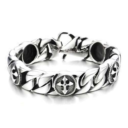Mens Stainless Steel Curb Chain Link Bracelet with Vintage Cross Charms