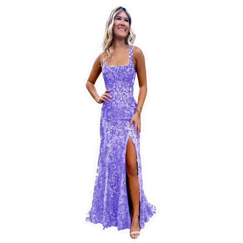 YMeiPaodw Women's Mermaid Prom Dresses with Slit Sequin Lace Square Neck Corset Formal Dress Long Evening Ball Gown