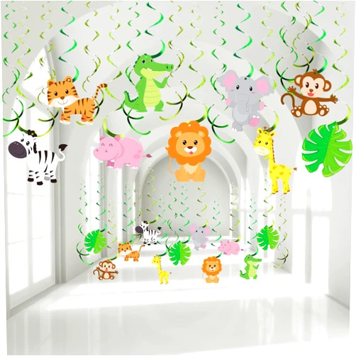 Blulu 30 Count Jungle Safari Animals Party Decorations Jungle Animals Hanging Swirl, Forest Theme Foil Swirls Ceiling for Safari Birthday Decorations Jungle Party Safari Baby Shower Decorations