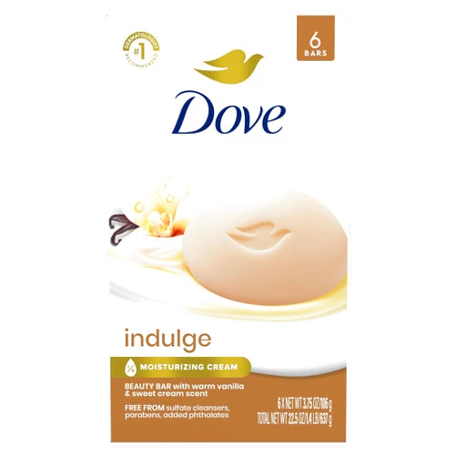 Dove Indulge Soap Bar 6 Bars Warm Vanilla + Sweet Cream for Hydrated & Soft Skin 3.75 oz