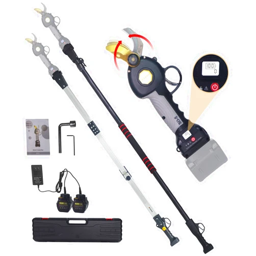 T TOVIA Electric Pruning Shears, Cordless Pruner with 6.2Ft Foldable and 10Ft Telescopic Extension Pole, 2Pcs 16.8V 4.5Ah Battery, Drop-Forged Alloy Steel Dual-Action Blades, 1.2'' Cutting Diameter