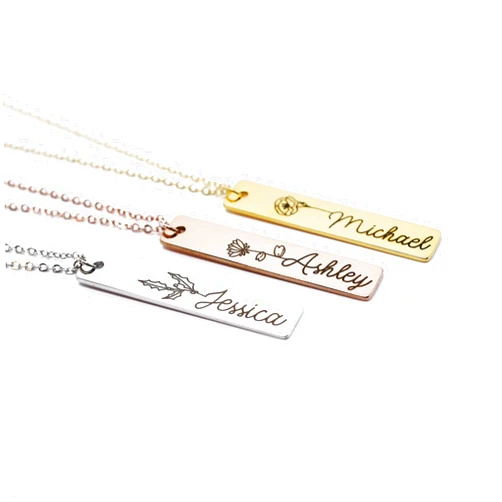 Somethings2share Personalized Flower Name Bar Pendant Necklace Luxury Gifts For Her Couples Girlfriend Personalized gift, Delicate Engraved Mother Daughter Wedding Birthday Graduation Bridesmaid Valentine's Day Gift
