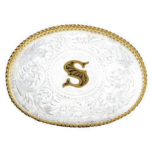 Montana Silversmiths Initial Silver Engraved Gold Trim Western Belt Buckle