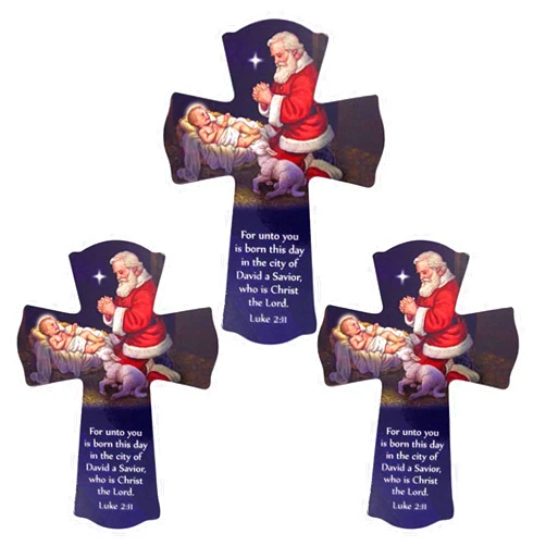 Needzo Adoring Santa with Baby Jesus Wood Cross Christmas Ornament, 6 Inch, Pack of 3