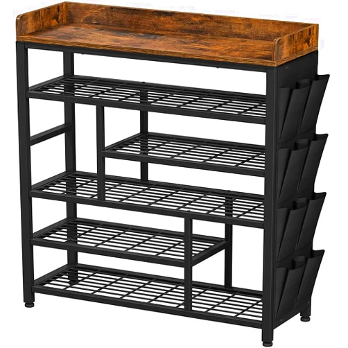 EnHomee Shoe Rack for Entryway Metal Shoe Racks with Boots Storage for 18-22 Pairs Free Standing Entryway Wood Shoes Rack Shoe Shelf Wooden Top & Side Pocket for Entry, Entrance, Hallway, Black