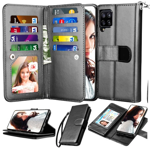 NJJEX Wallet Case for Samsung Galaxy A42 5G, for Galaxy A42 5G Case, [9 Card Slots] PU Leather Credit Holder Folio Flip [Detachable] Kickstand Magnetic Phone Cover & Lanyard for Samsung A42 [Black]