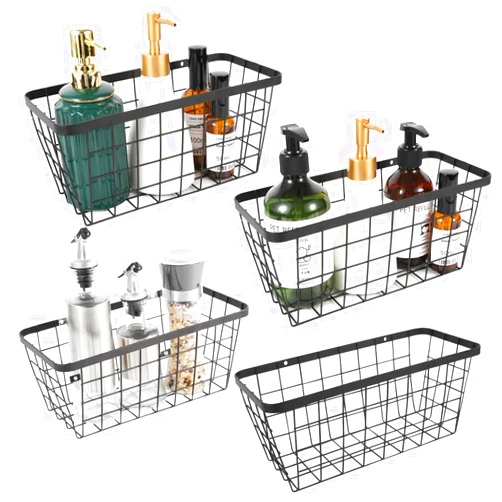 LeleCAT Hanging Kitchen Baskets, Wall-Mounted Basket for Storage Organization Rustic Farmhouse Decor, No Drilling Adhesive Basket for Cabinet Pantry Organization and Kitchen,4 Pack, Black