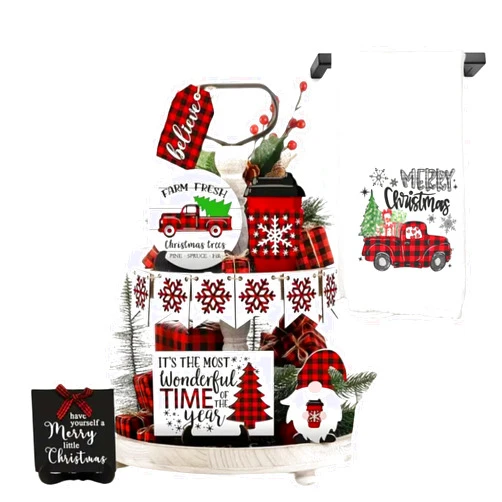 Nana Threads Wood Black Signs and Flour Sack Towel Set - Christmas Tree and Coffee Bar Decorations - Perfect Coffee Bar Accessories for Christmas Tiered Tray, Hot Cocoa Bar - 12 Wood Pieces