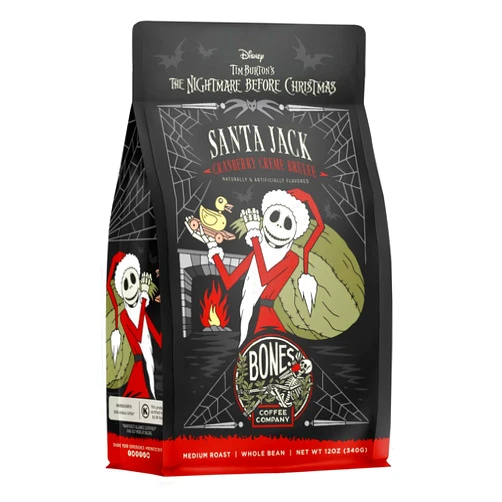 Bones Coffee Company The Nightmare Before Christmas Santa Jack Flavored Coffee Beans, Medium Roast Ground Coffee Low Acid, Cranberry Creme Brulee Flavor (12 oz)